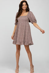 Taupe Floral Puff Sleeve Maternity Dress