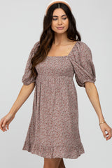 Taupe Floral Puff Sleeve Dress