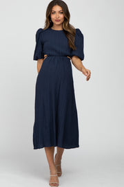 Navy Puff Sleeve Cutout Maternity Midi Dress