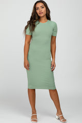 Green Ribbed Short Sleeve Fitted Dress