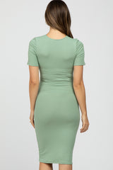 Green Ribbed Short Sleeve Fitted Maternity Dress