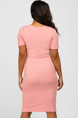 Light Pink Ribbed Short Sleeve Fitted Dress