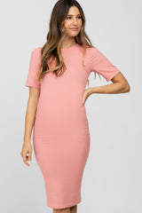 Light Pink Ribbed Short Sleeve Fitted Maternity Dress