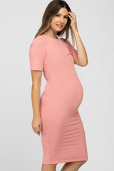 Light Pink Ribbed Short Sleeve Fitted Maternity Dress