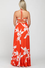 Orange Floral Cut Out Back Maternity Maxi Dress