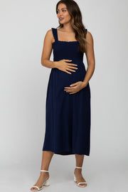 Navy Blue Linen Square Neck Smocked Ruffle Strap Maternity Midi Dress