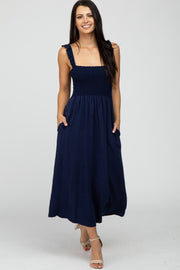 Navy Blue Linen Square Neck Smocked Ruffle Strap Midi Dress