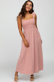 Pink Linen Square Neck Smocked Ruffle Strap Midi Dress