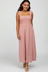 Pink Linen Square Neck Smocked Ruffle Strap Midi Dress