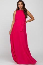 Fuchsia Mock Neck Pleated Maternity Maxi Dress