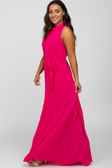 Fuchsia Mock Neck Pleated Maxi Dress