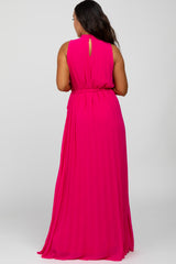 Fuchsia Mock Neck Pleated Maxi Dress