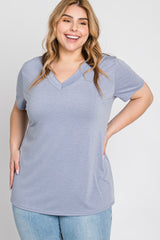 Blue Heathered V-Neck Plus Top