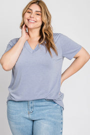 Blue Heathered V-Neck Plus Top