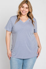 Blue Heathered V-Neck Plus Top