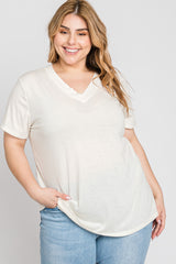 Cream Heathered V-Neck Plus Top