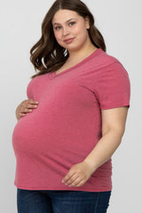 Mauve Heathered V-Neck Plus Maternity Top