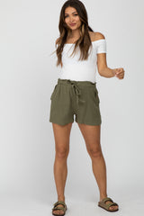 Olive Linen Front Tie Maternity Shorts