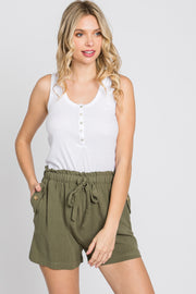 Olive Linen Front Tie Shorts