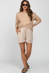 Taupe Distressed Drawstring Maternity Lounge Shorts