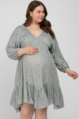 Light Olive Floral Ruffle Hem Maternity Plus Dress