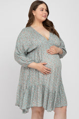 Light Olive Floral Ruffle Hem Maternity Plus Dress