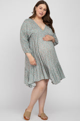 Light Olive Floral Ruffle Hem Maternity Plus Dress