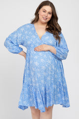 Blue Floral Ruffle Hem Maternity Plus Dress