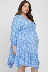 Blue Floral Ruffle Hem Maternity Plus Dress