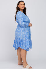 Blue Floral Ruffle Hem Plus Dress