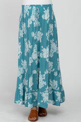 Teal Floral Smocked Elastic Waist Maternity Maxi Skirt