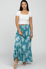 Teal Floral Smocked Elastic Waist Maternity Maxi Skirt