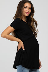 Black Solid Crochet Peplum Maternity Top