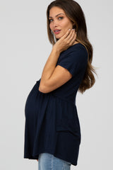 Navy Solid Crochet Peplum Maternity Top