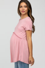 Pink Solid Crochet Peplum Maternity Top