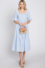 Light Blue Smocked Square Neck Puff Sleeve Midi Dress