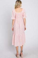 Pink Gingham Smocked Square Neck Puff Sleeve Midi Dress