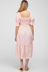 Pink Gingham Smocked Square Neck Puff Sleeve Maternity Midi Dress