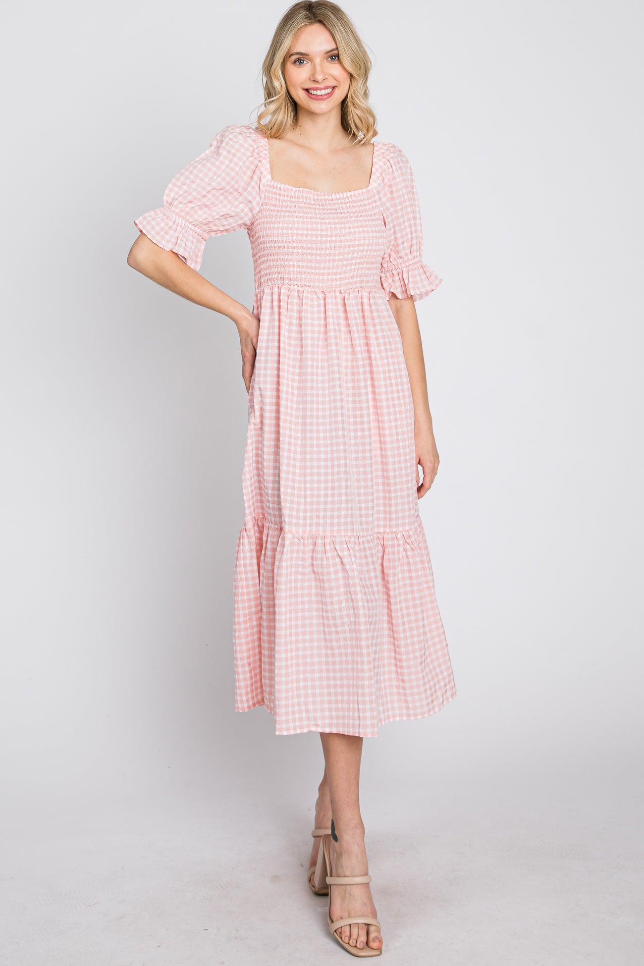 Pink Gingham Smocked Square Neck Puff Sleeve Midi Dress– PinkBlush
