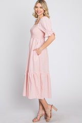 Pink Gingham Smocked Square Neck Puff Sleeve Midi Dress