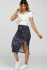 Navy Blue Floral Ruched Split Side Maternity Midi Skirt