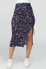 Navy Blue Floral Ruched Split Side Midi Skirt