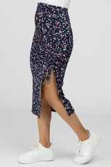 Navy Blue Floral Ruched Split Side Midi Skirt