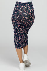 Navy Blue Floral Ruched Split Side Midi Skirt