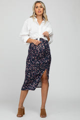 Navy Blue Floral Ruched Split Side Maternity Midi Skirt