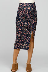 Navy Blue Floral Ruched Split Side Maternity Midi Skirt