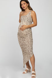 Mocha One Shoulder Printed Ruched Maternity Dress