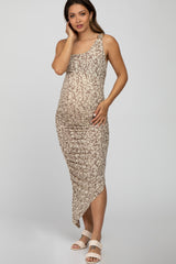 Mocha One Shoulder Printed Ruched Maternity Dress