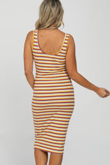 Multi-Color Striped Ribbed Snap Front Maternity Midi Dress