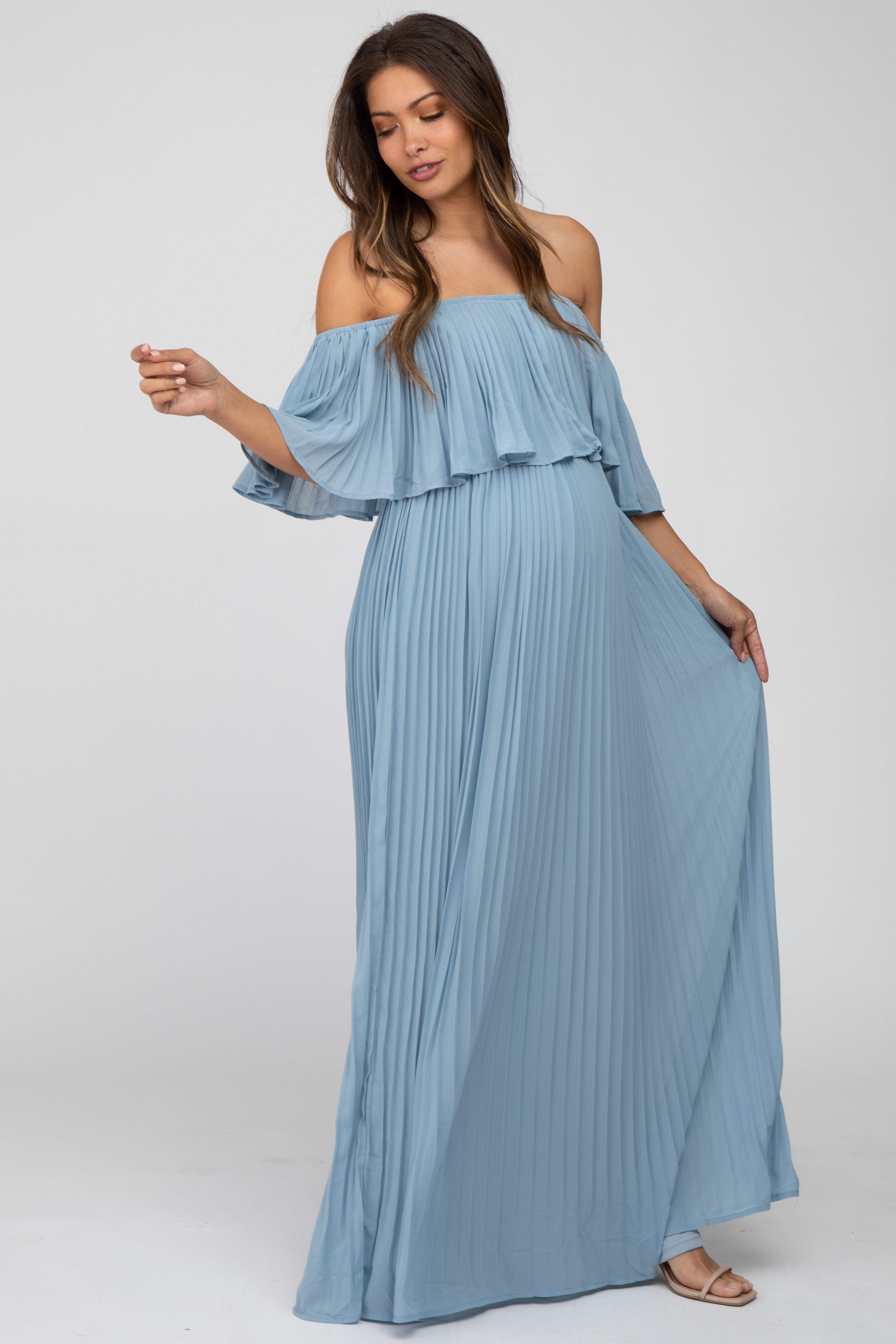 Light Blue Chiffon Pleated Off Shoulder Maternity Maxi Dress – PinkBlush